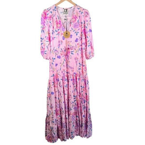 JAASE Tessa Maxi Dress Size Medium Ruffle Cottagecore Tiered 3/4 Sleeve Pink